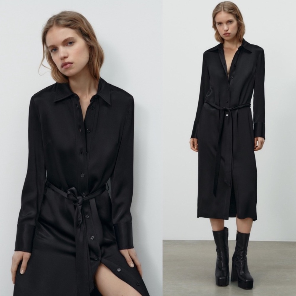 Zara black satin long sleeve button down shirt dress with belt size XL